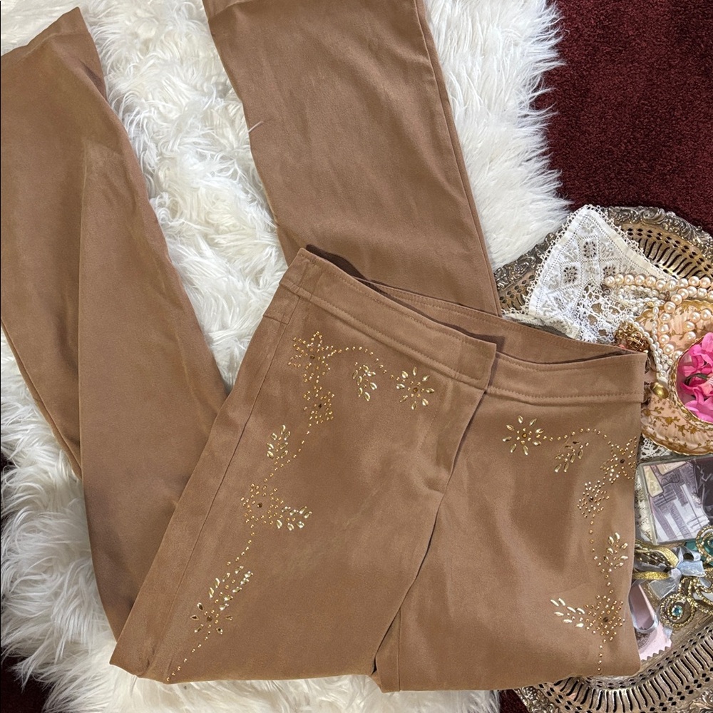 Vintage Y2K Iconic Bratz XOXO Faux Suede Pants Tan Camel Gold Embellished Hot S